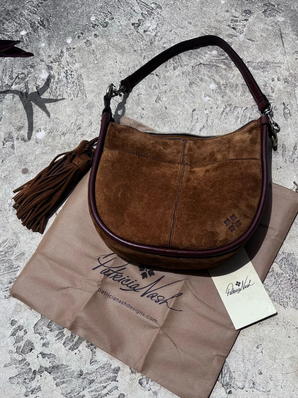NWT Patricia Nash Calanna Cognac Brown Suede Leather Saddle bag - Picture 7 of 15